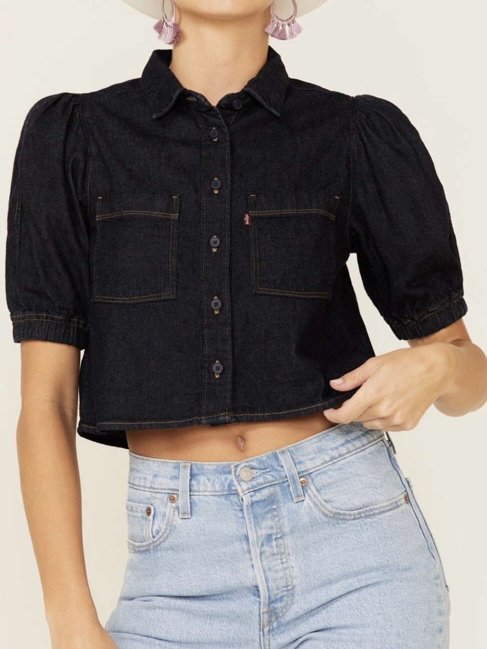 Levi's Women's Alice Dark Wash Denim Button-Down Short Sleeve Crop Blouse Top
